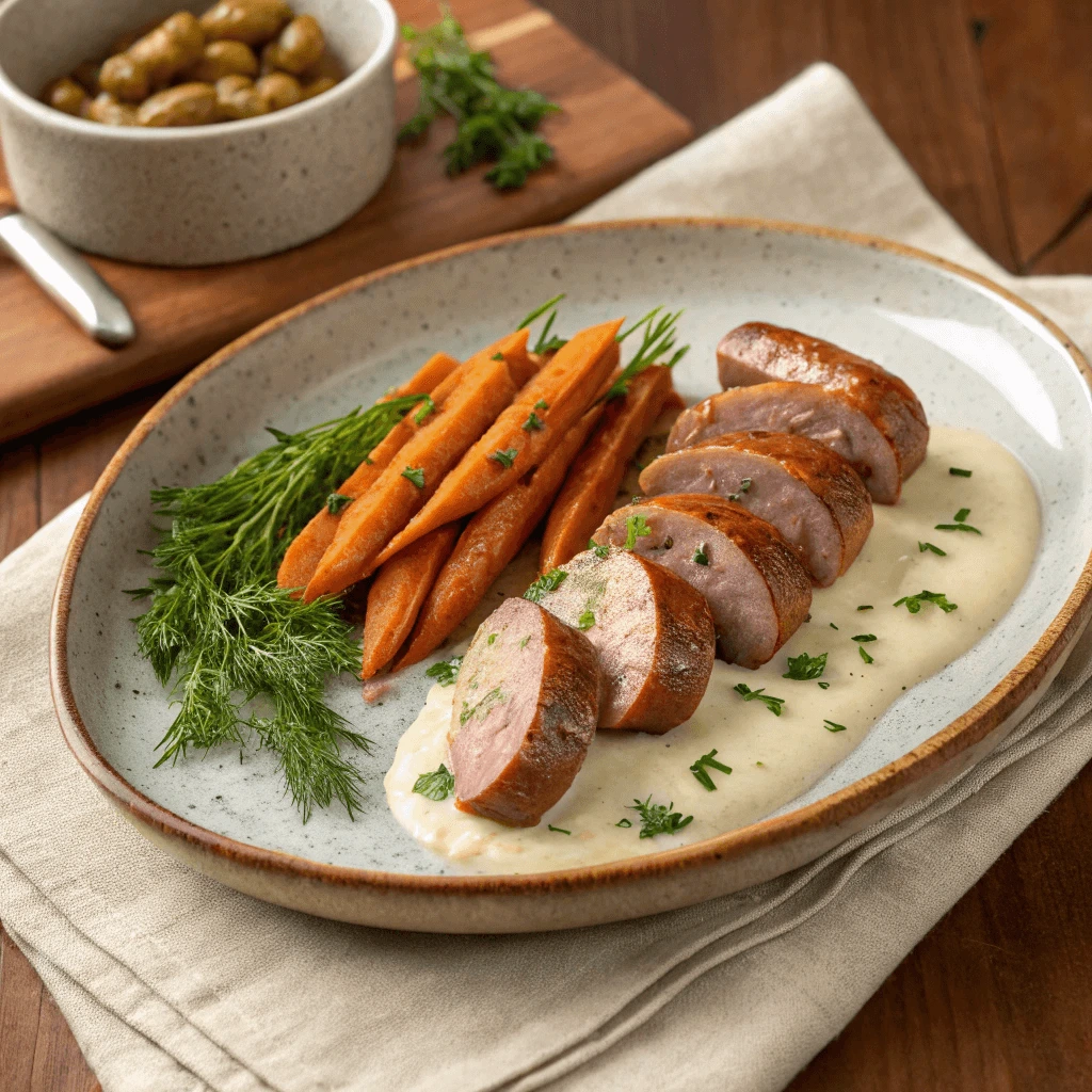 Grilled sausage topped with dairy-free herb sauce and roasted carrots