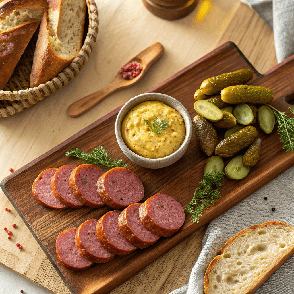 A plate of summer sausage, mustard, and pickles ready for a meal.