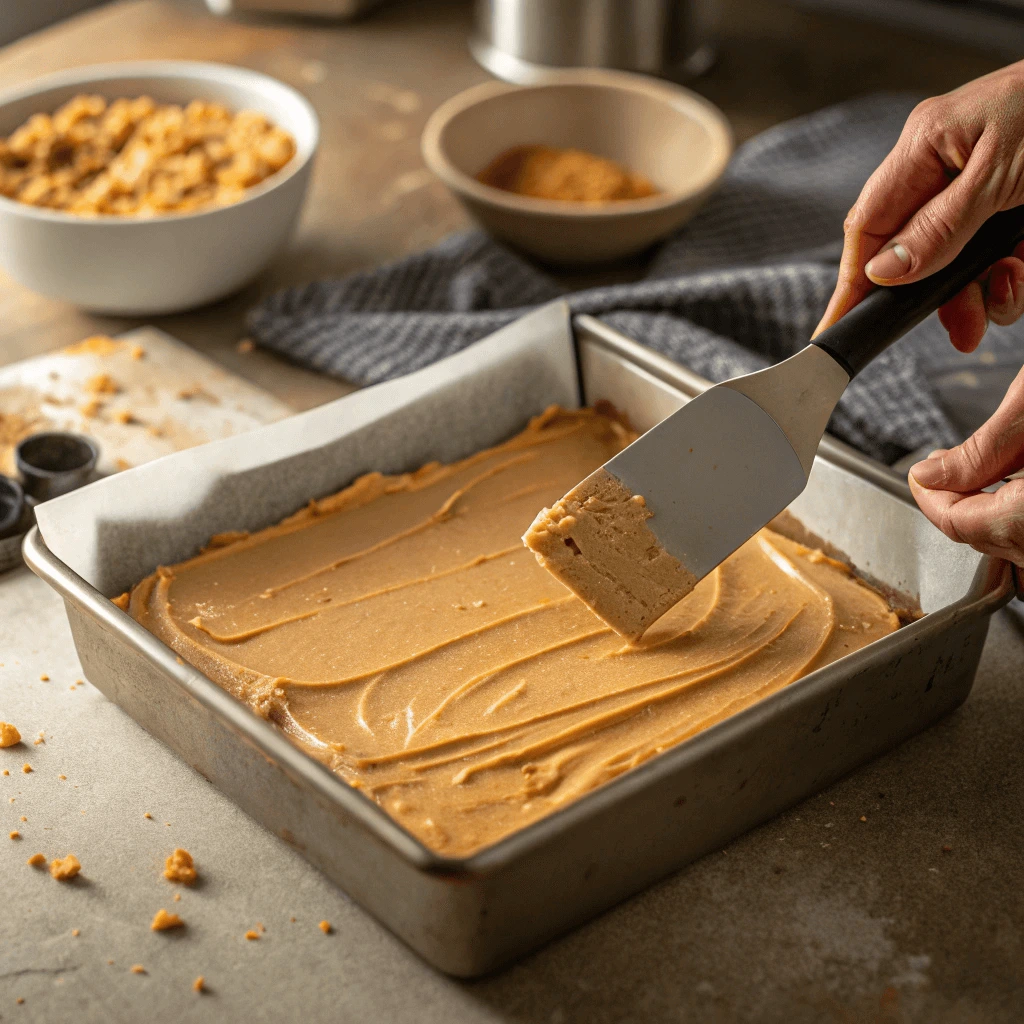 Smooth peanut butter fudge mixture being pressed into a parchment-lined pan.