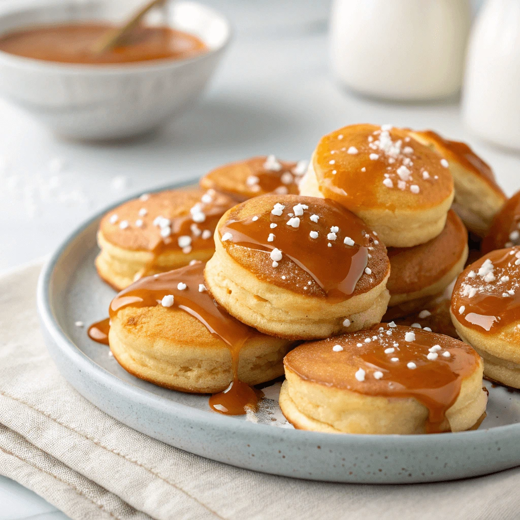 Mini Carmel Salt Pancake bites served with a side of caramel dipping sauce for a sweet and savory snack