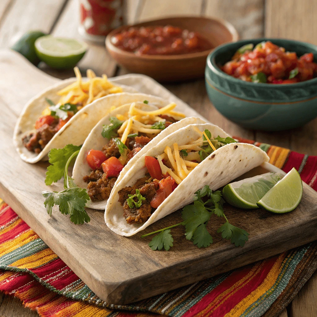Soft flour tortillas filled with spicy beef, topped with shredded cheese and salsa, served with lime wedges.
