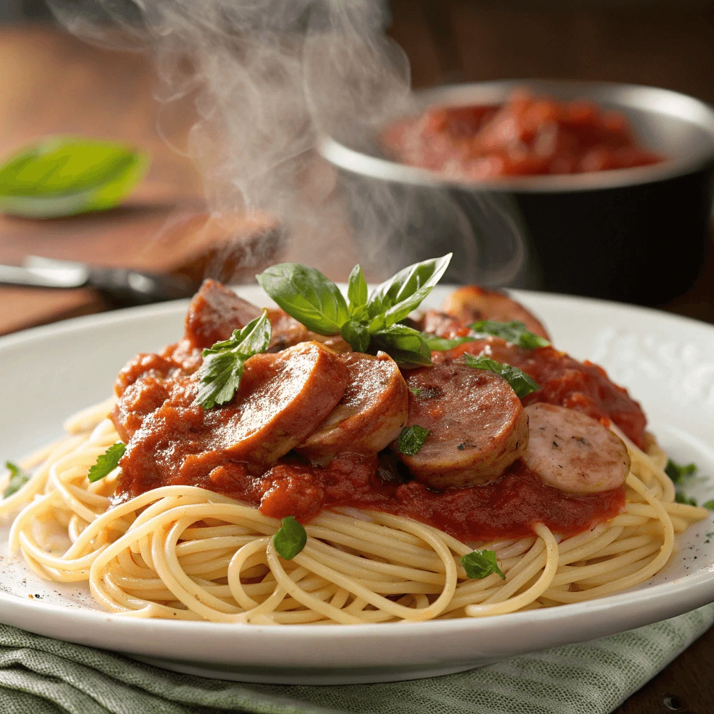 Spaghetti topped with hot Italian sausage and marinara sauce for a spicy and savory meal.