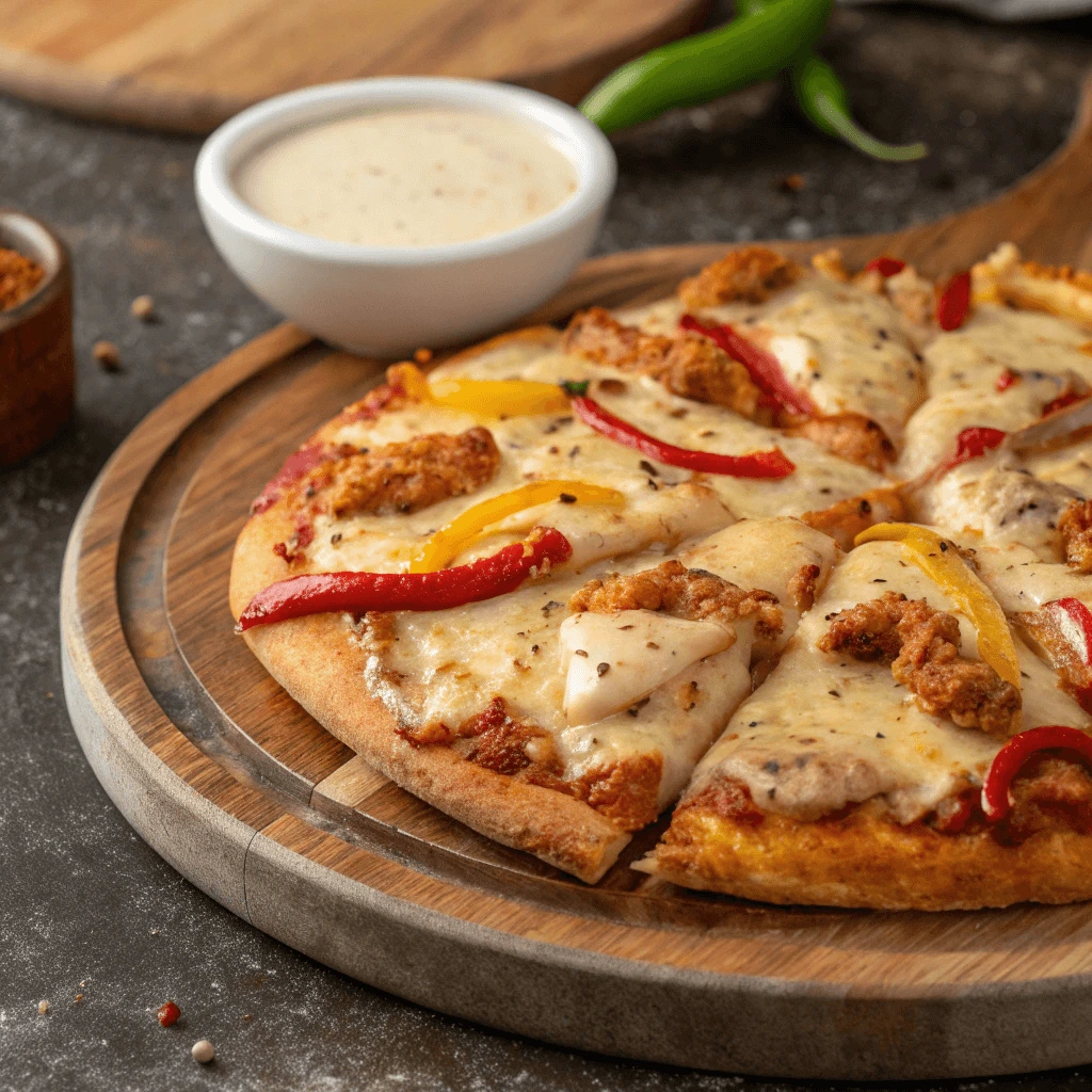 A 10-inch spicy chicken and bell pepper pizza on a rustic table with a side of dipping sauce