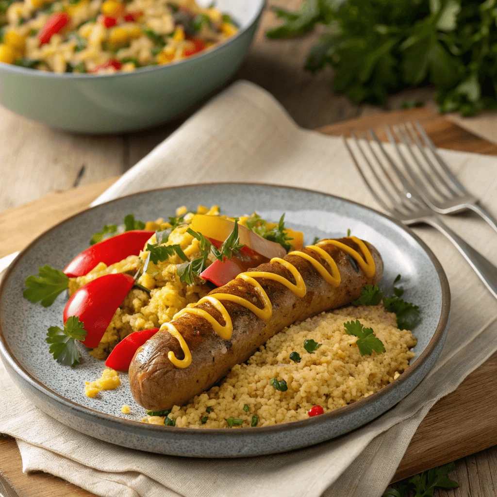 Spicy Italian chicken sausage drizzled with mustard sauce next to a couscous bowl.