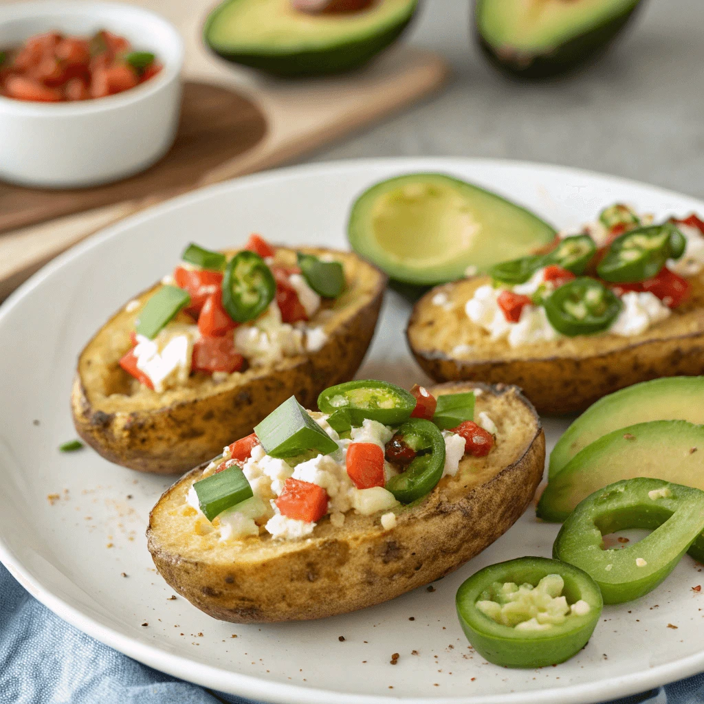 Close-up of air fryer baked potato skins stuffed with cottage cheese and served with dipping sauce