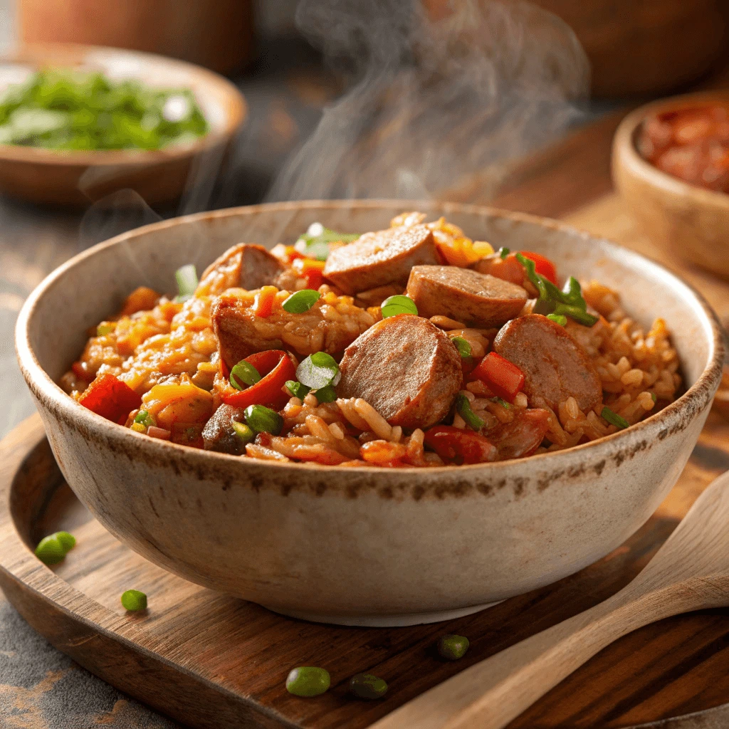 Spicy jambalaya with hot sausage, bell peppers, and rice, offering bold and flavorful Cajun cuisine.