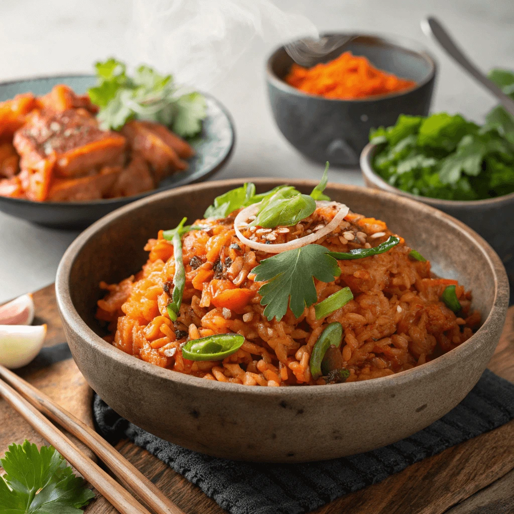 Spicy kimchi fried rice made with day-old rice, topped with fresh herbs.