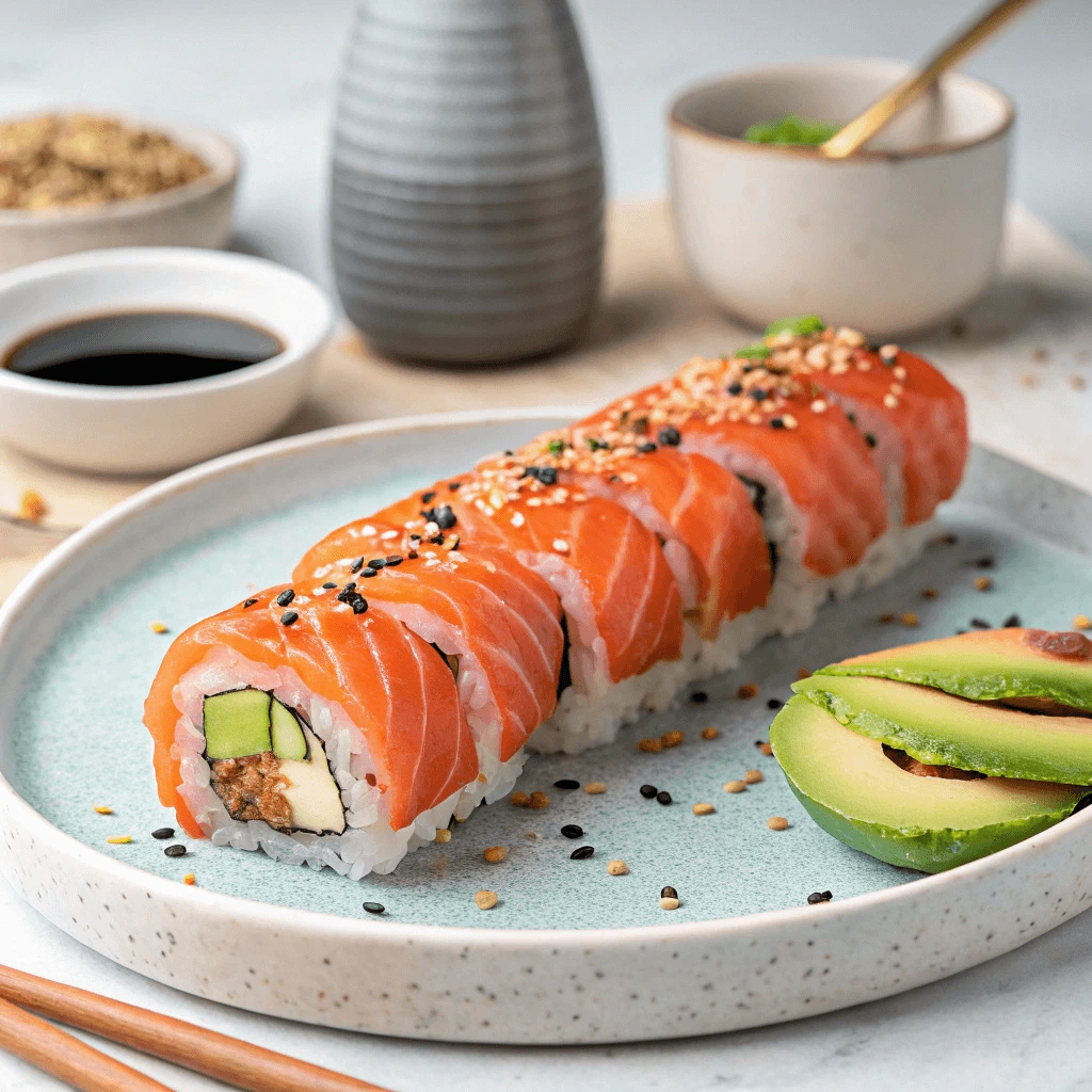 Sushi-grade salmon on ice with a display of fresh fish ready for sushi