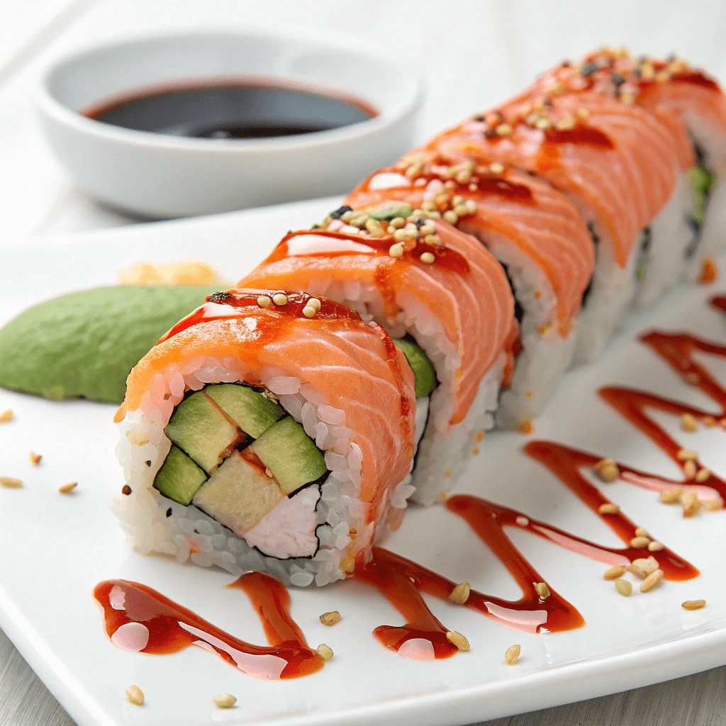 Fresh sushi-grade salmon on a cutting board ready for preparation.