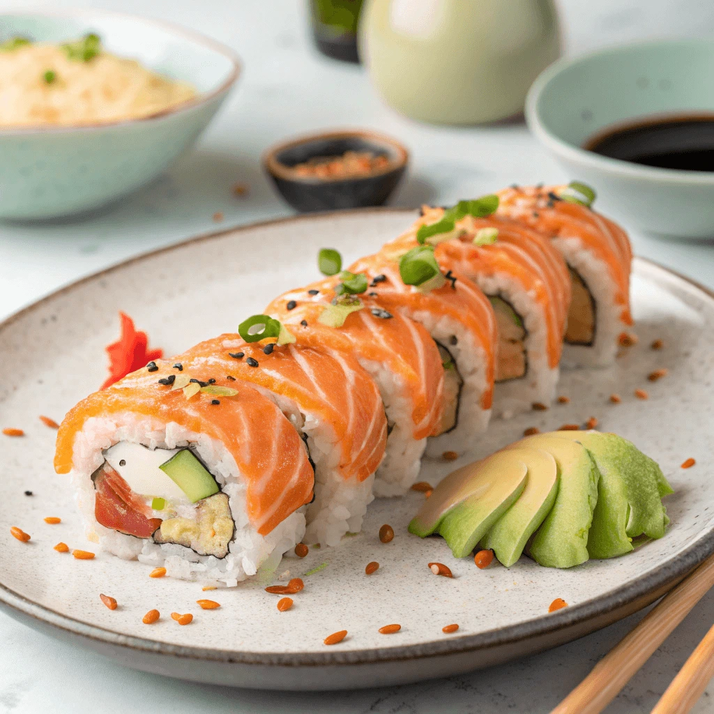 Chef slicing sushi-grade salmon with a sharp knife for sushi preparation.