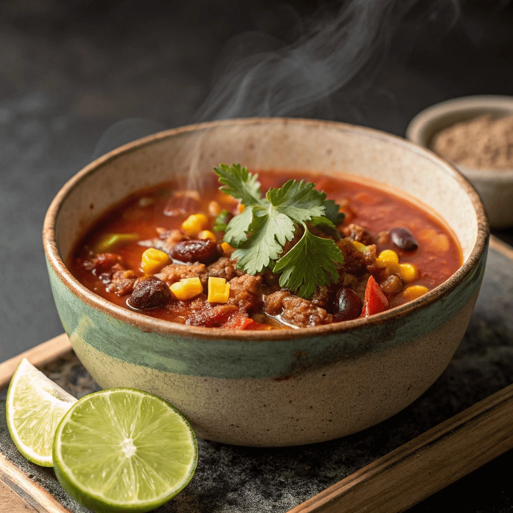 Spicy Taco Soup Frios served in a bowl with a lime wedge garnish and fresh cilantro