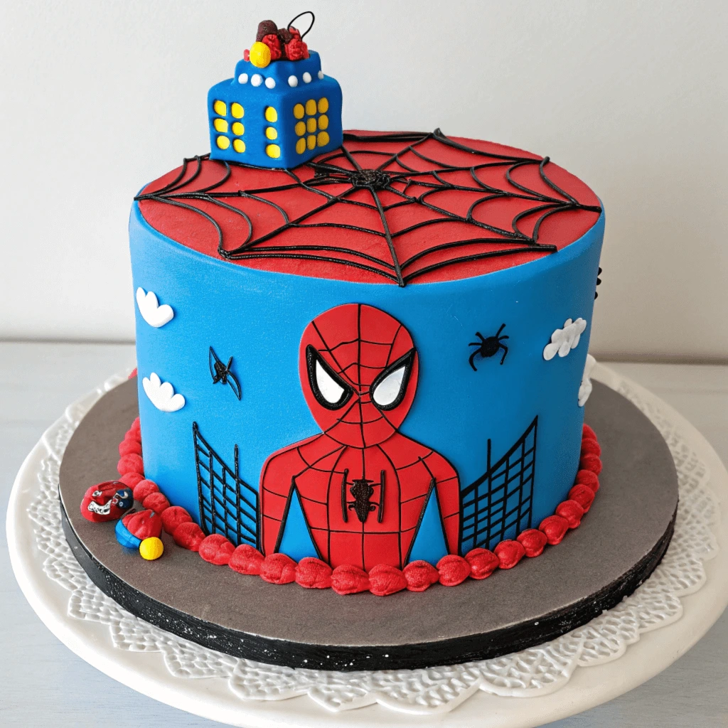 Spiderman cake decorated with vibrant red and blue icing, featuring a detailed web design and Spiderman's face on top