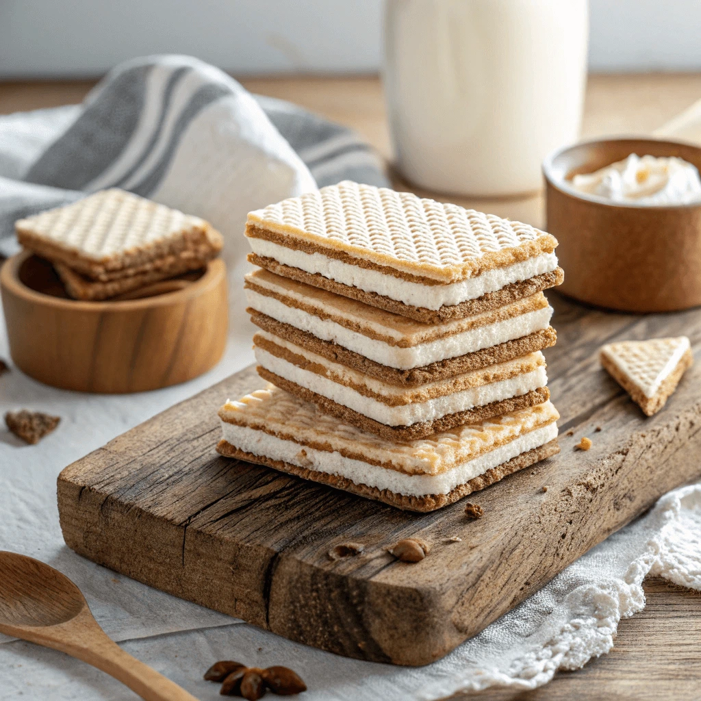 Stack of wafer cookies with cream filling between each layer on a wooden board.