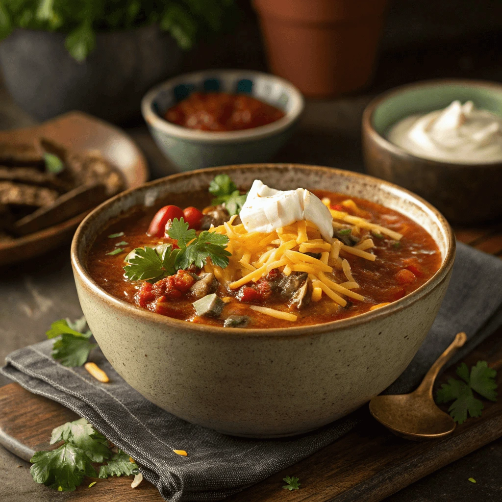 A steaming bowl of Taco Soup Frios garnished with cheese, sour cream, and cilantro.
