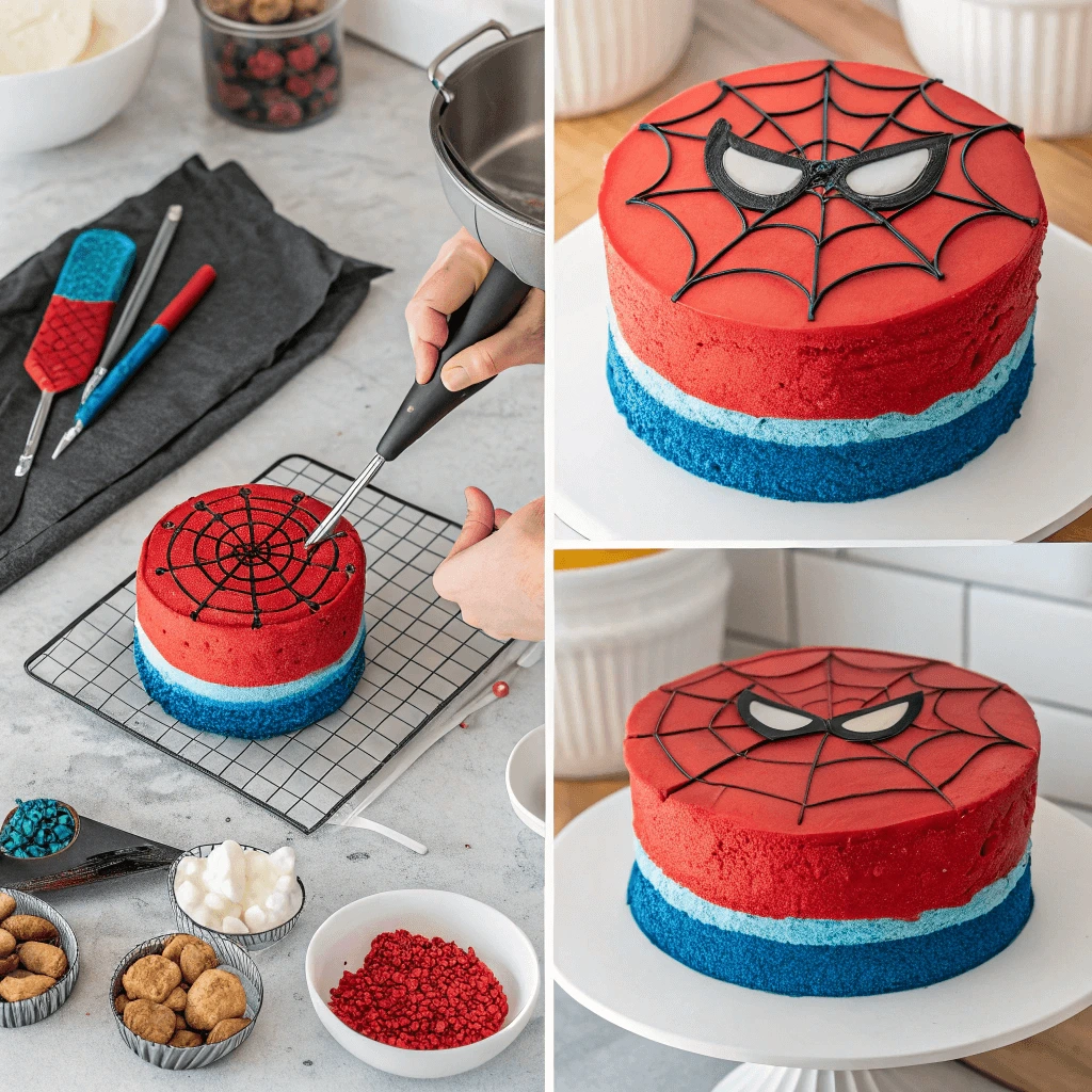 Step-by-step decorating process for DIY Spiderman cake