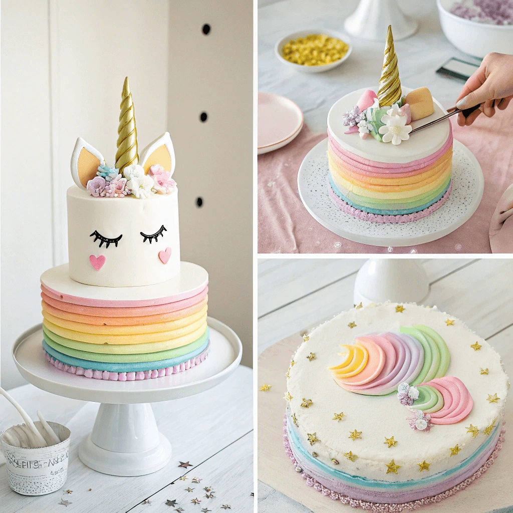 Step-by-step process of decorating a easy unicorn cake