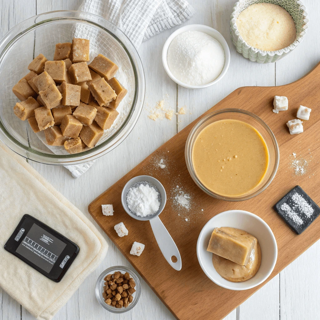 Step-by-step ingredients for 3-ingredient peanut butter fudge: peanut butter, powdered sugar, and butter.