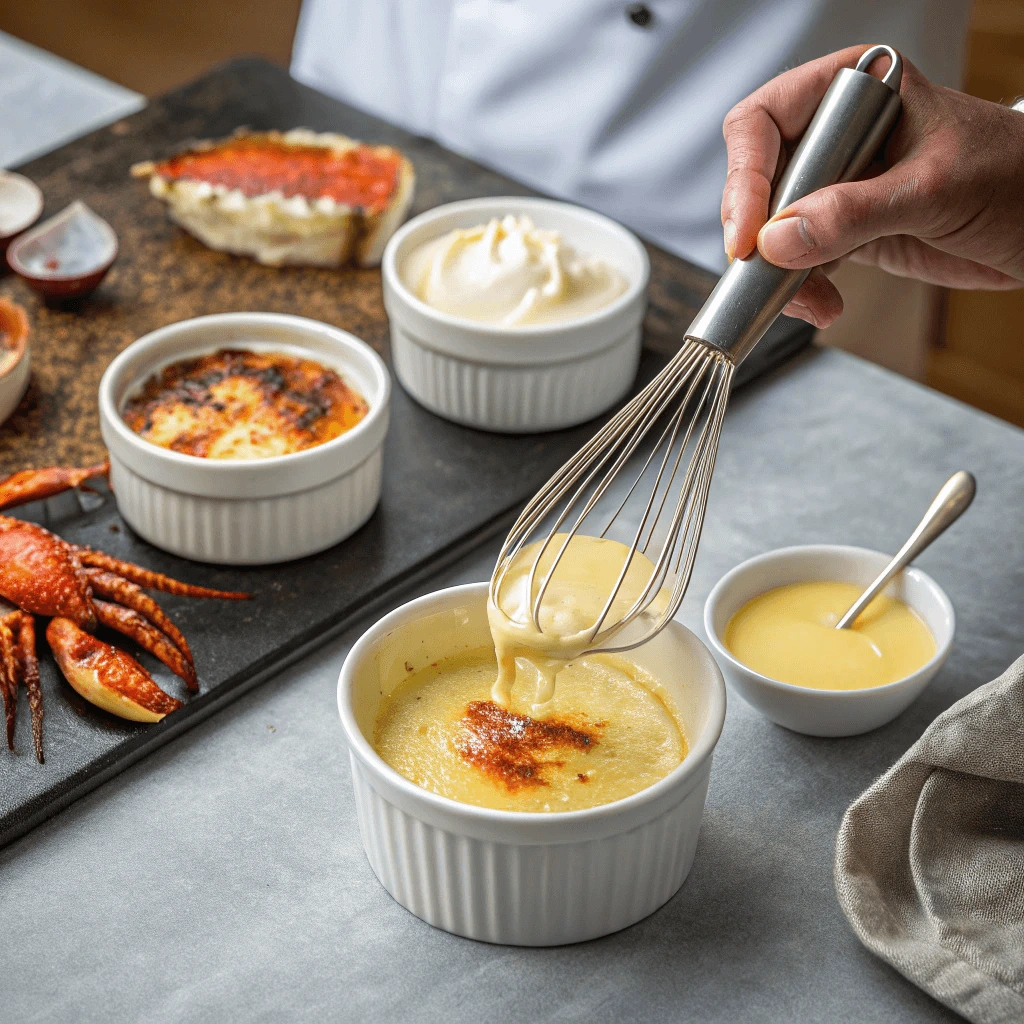 Step-by-step process of making Crab Brulee with fresh crab meat and creamy custard.