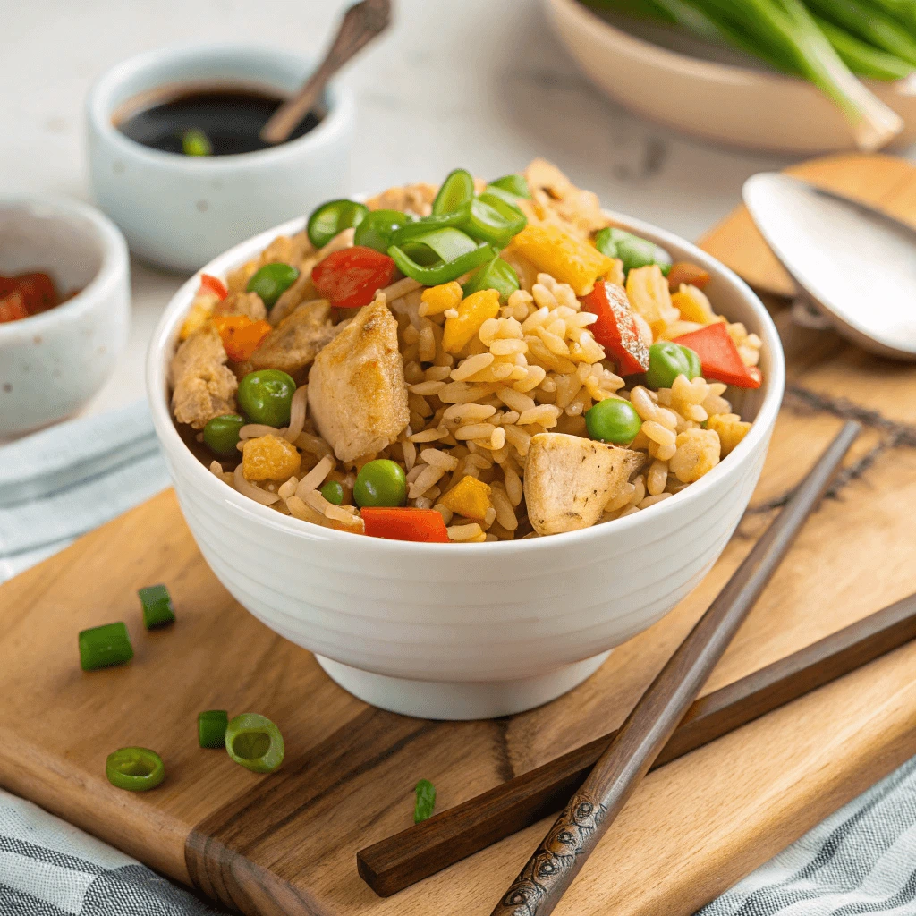 Quick stir fry rice with vegetables and protein in a frying pan