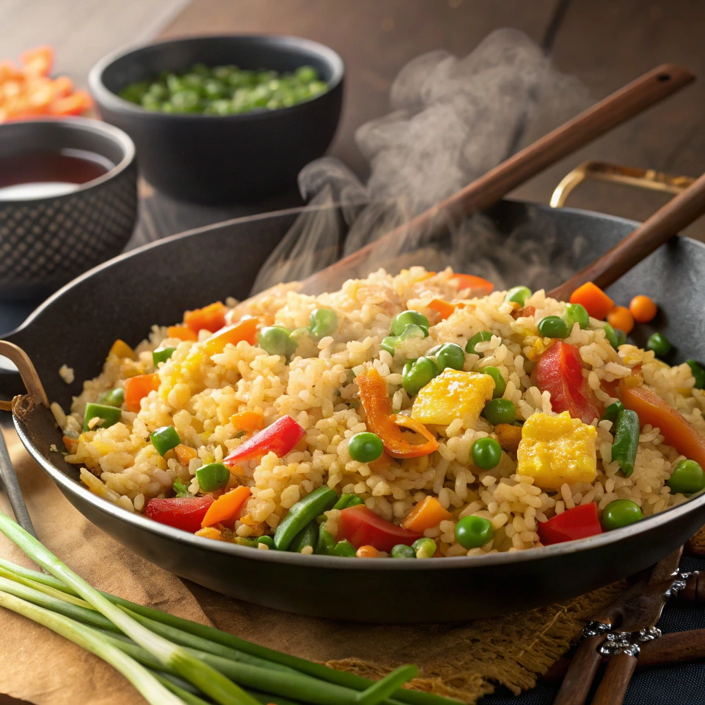 A steaming skillet of stir-fried rice hack with colorful vegetables such as peas, carrots, and red peppers, garnished with green onions