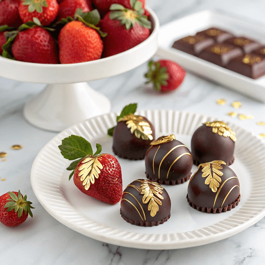 Close-up of strawberry bon bons with a sprinkle of edible gold flakes