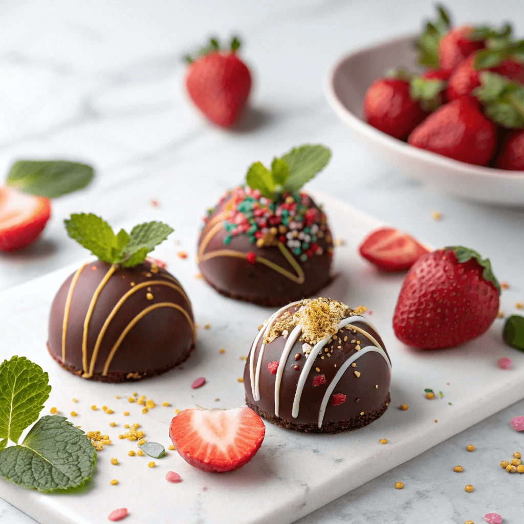 Handmade strawberry bon bons with a glossy chocolate coating