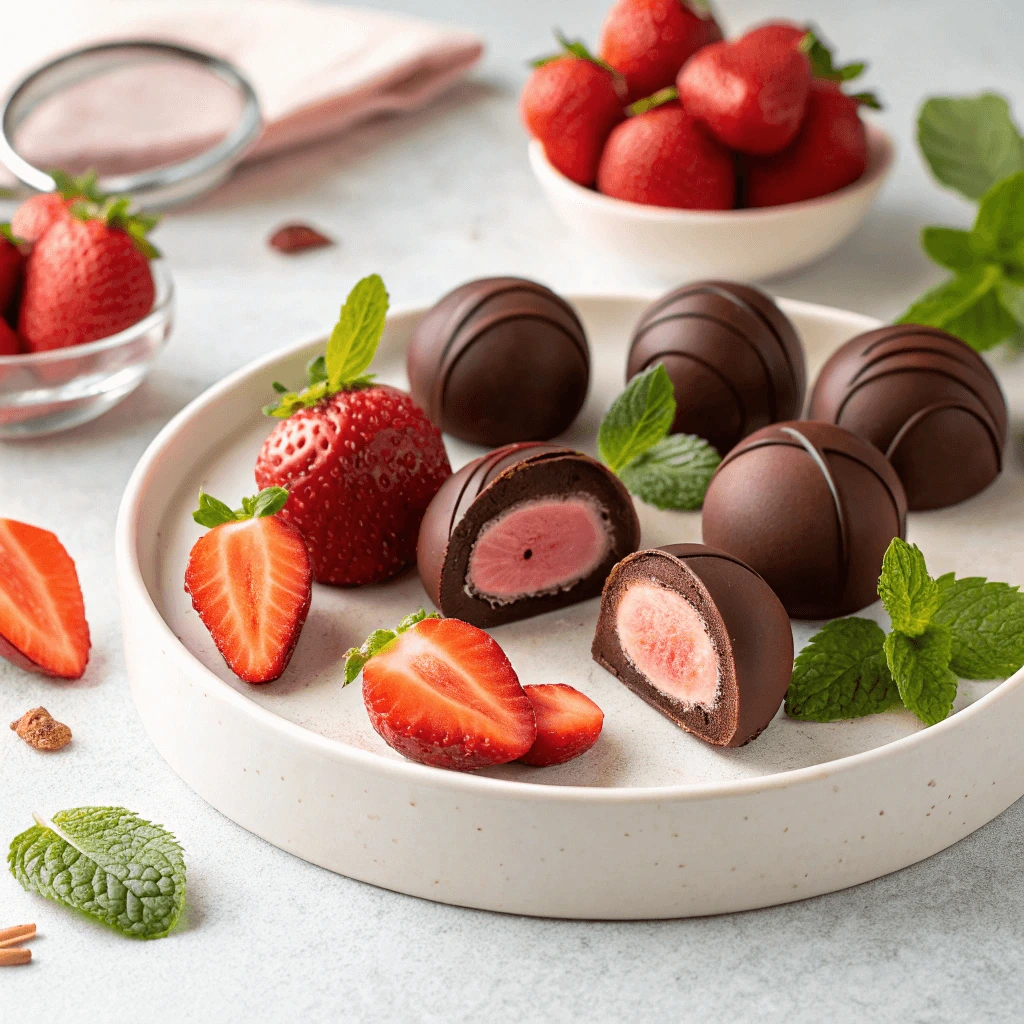 Strawberry bon bons with a unique surprise center of ganache