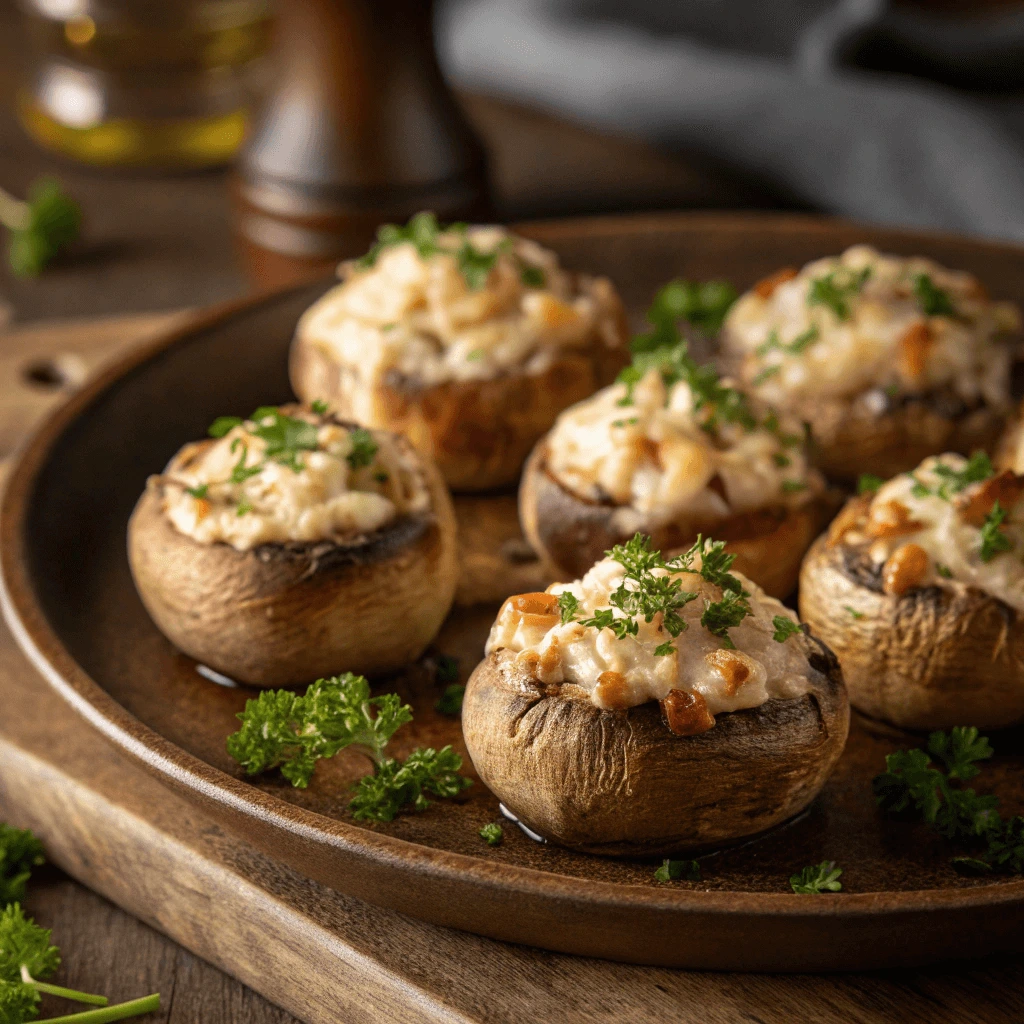 Stuffed button mushrooms with cheese and herbs on a plate