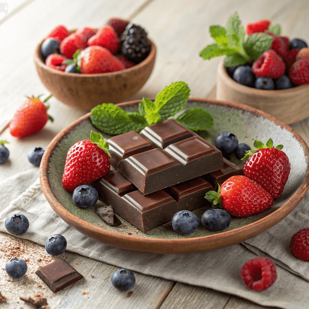 Sugar free chocolate pieces with fresh berries and mint leaves on a white plate