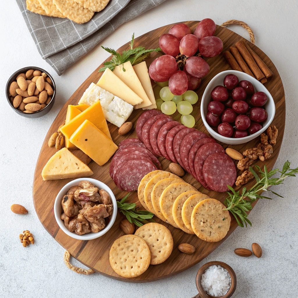 A close-up view of an assorted charcuterie spread with thinly sliced meats, cheeses, and complementary snacks