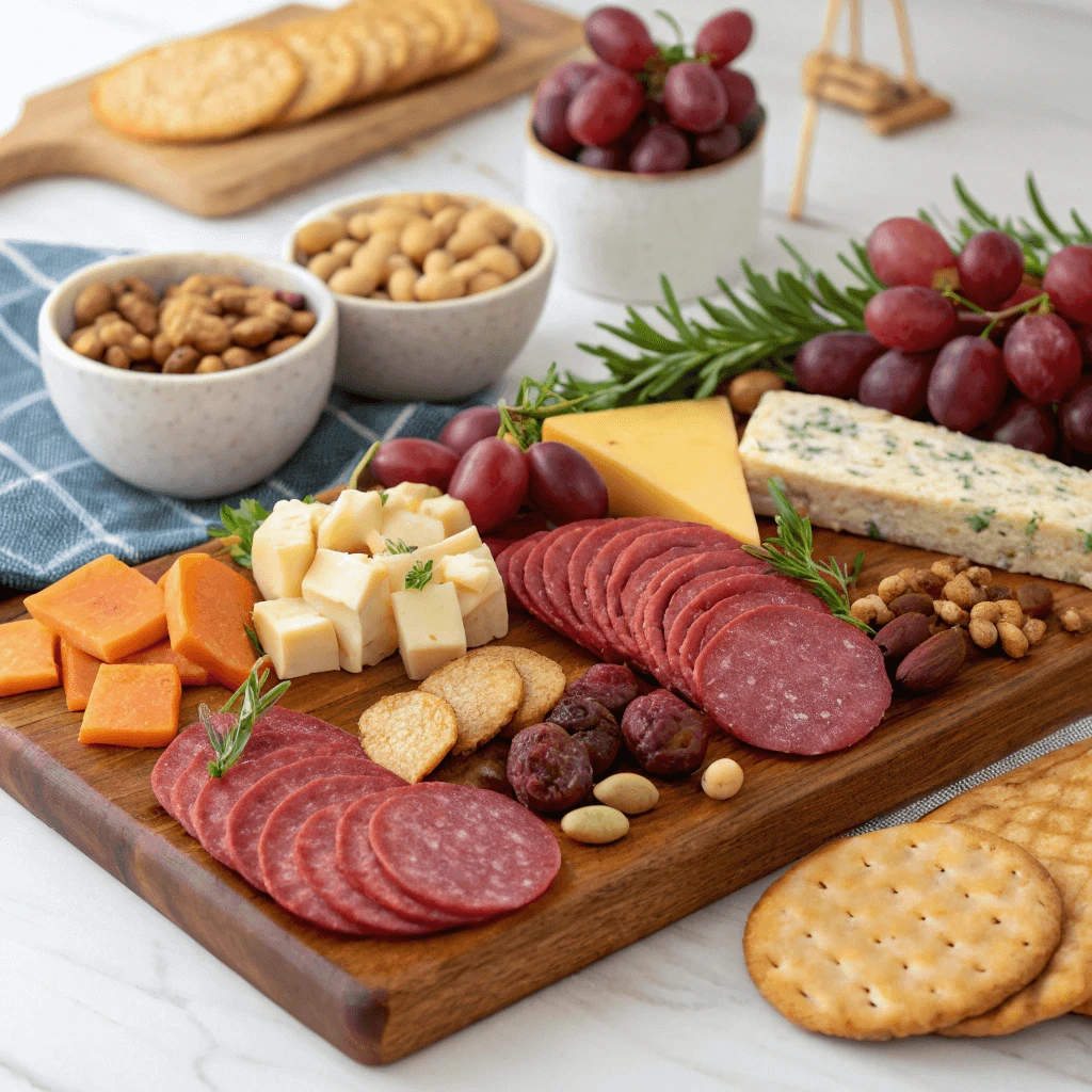 An elegant charcuterie board featuring a variety of meats, cheeses, crackers, and fresh fruits.