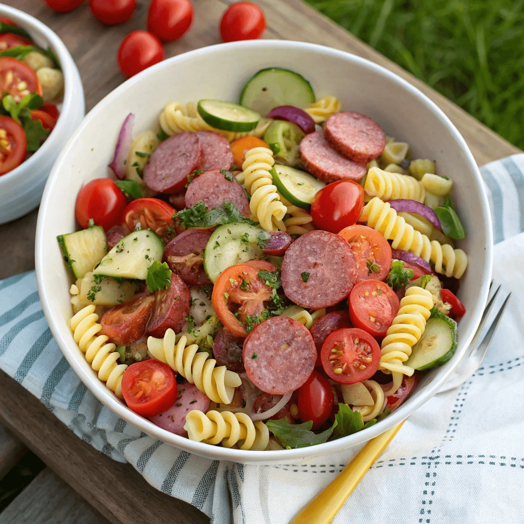 Summer sausage pasta salad with fresh vegetables.