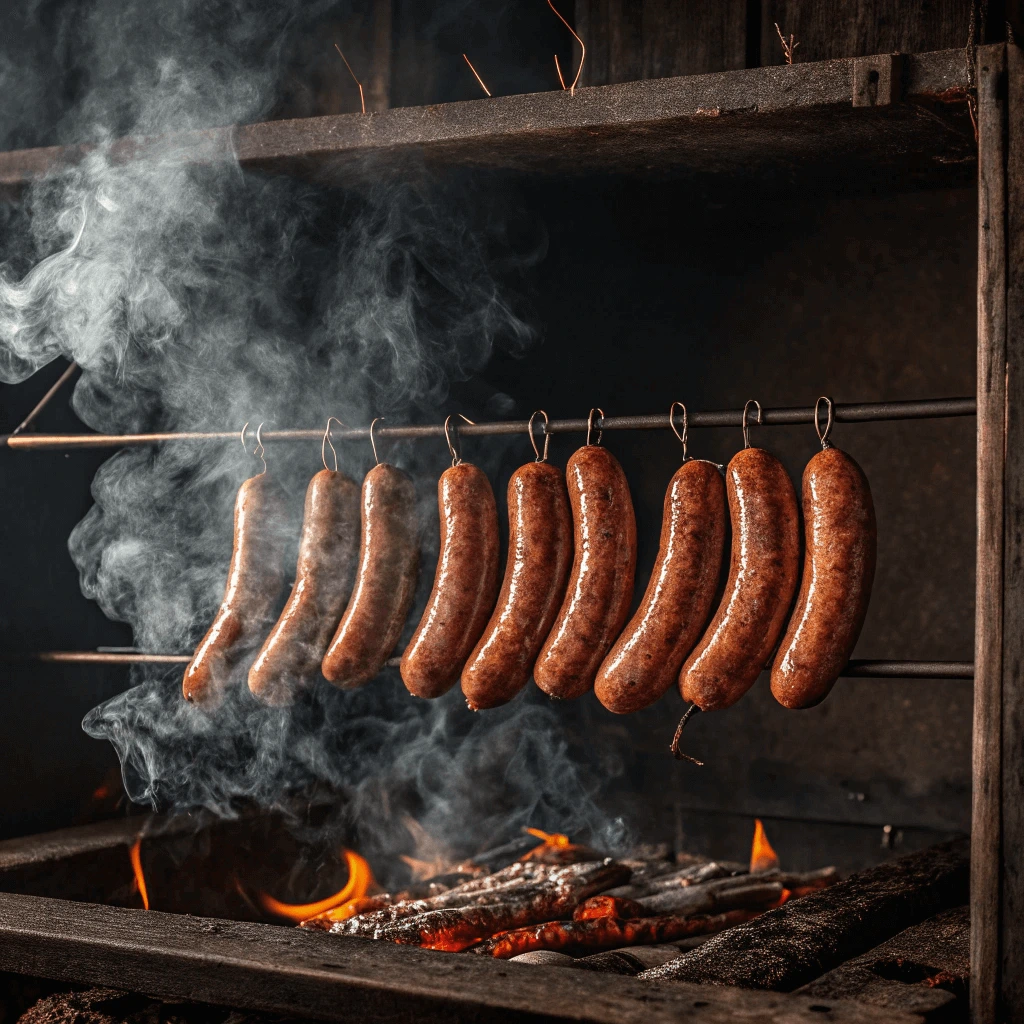 Sizzling summer sausages cooking in a smoker with rich smoke rising.