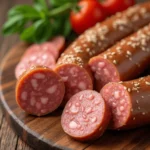 Homemade summer sausage on a wooden board ready for slicing.