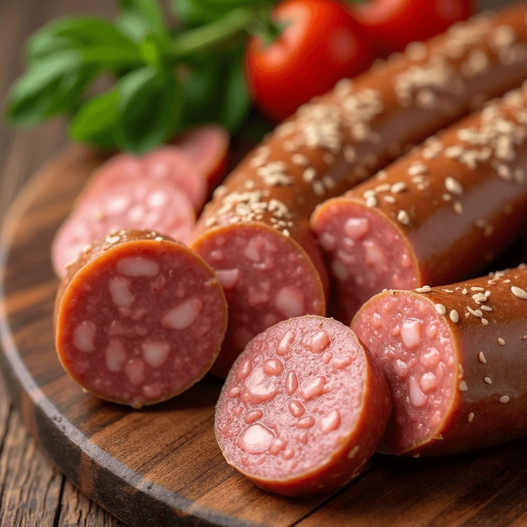 Homemade summer sausage on a wooden board ready for slicing.