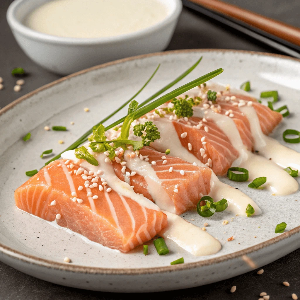 Sushi-grade salmon alongside essential sushi tools for preparation.