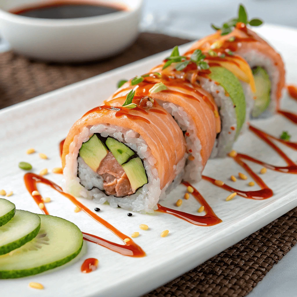 Display of sushi-grade salmon fillets ready for sashimi.