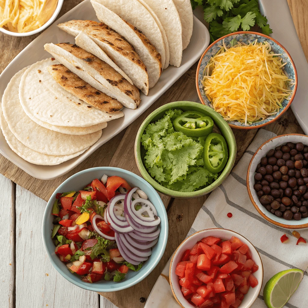 A taco bar setup with tortillas, grilled chicken, beans, fresh vegetables, and cheese ready for assembling.