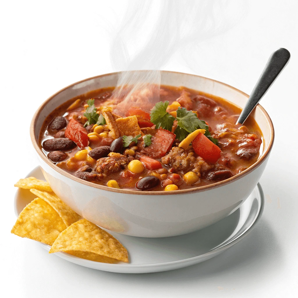 Colorful taco soup topped with crispy tortilla chips