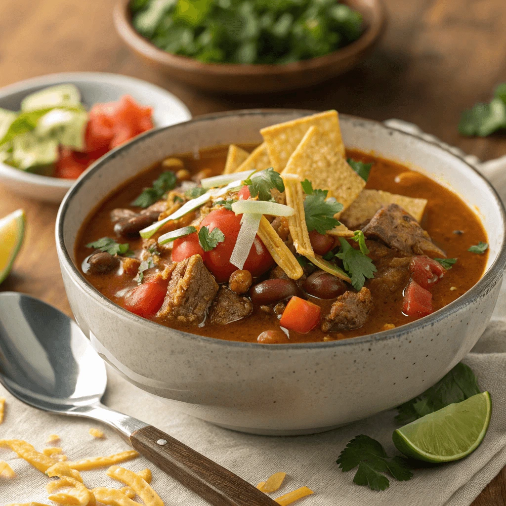 Close-up of Taco Soup with melted cheese and cilantro