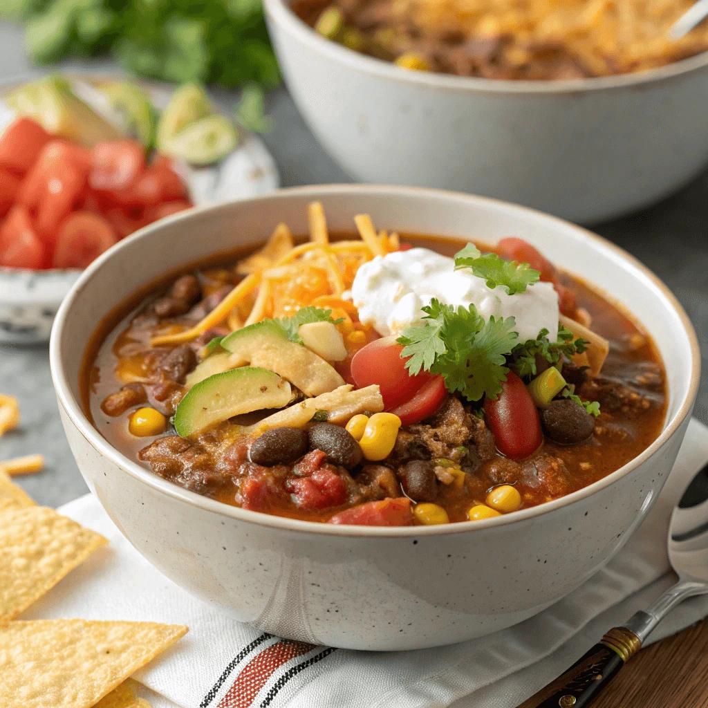 Rustic bowl filled with savory soup topped with fresh garnishes