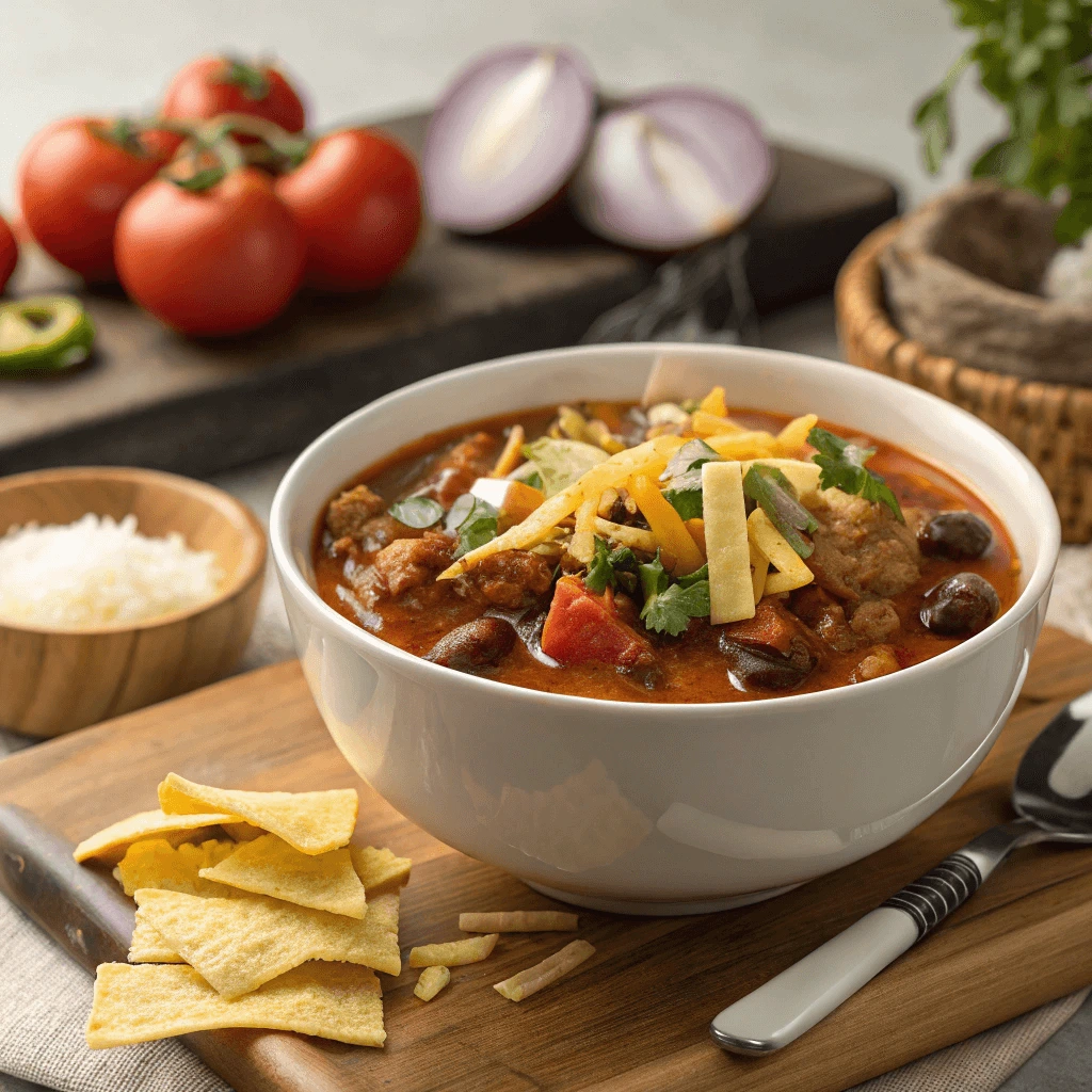 Bowl of taco soup with tortilla chips