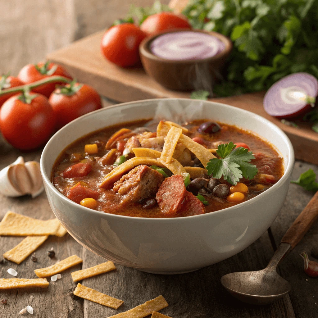 Healthy Taco Soup Frios with ground beef, beans, and salsa