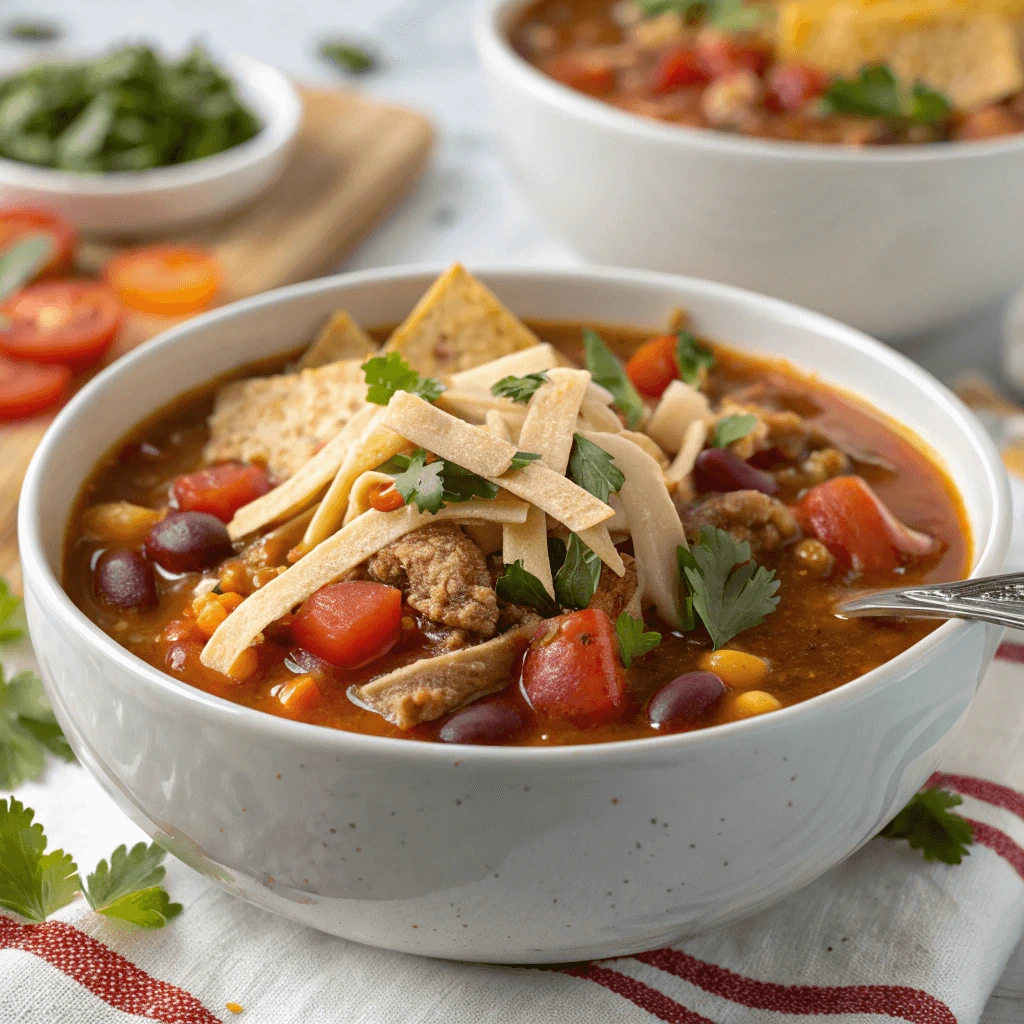 Spicy Taco Soup Frios with jalapeños and hot sauce