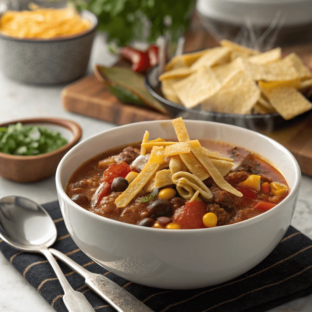 Fresh cilantro and sour cream topping on a bowl of Taco Soup Frios