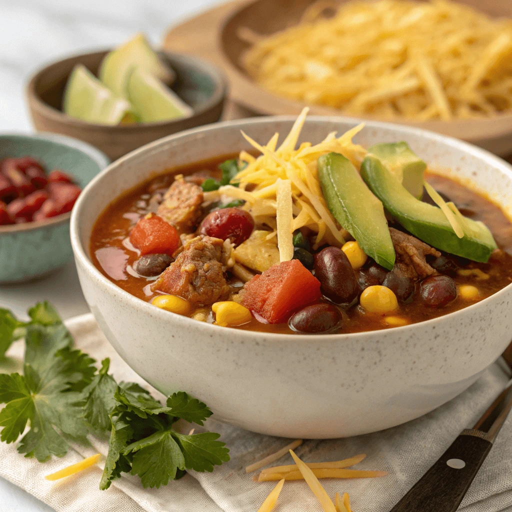 Shredded cheddar cheese and avocado slices on a hearty soup bowl