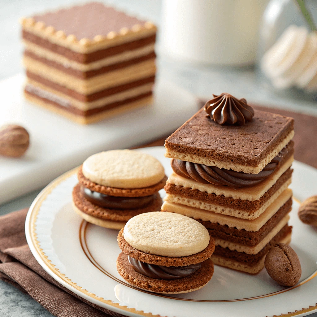 Assorted homemade wafer cookies recipes with chocolate and Nutella filling displayed on a white plate.
