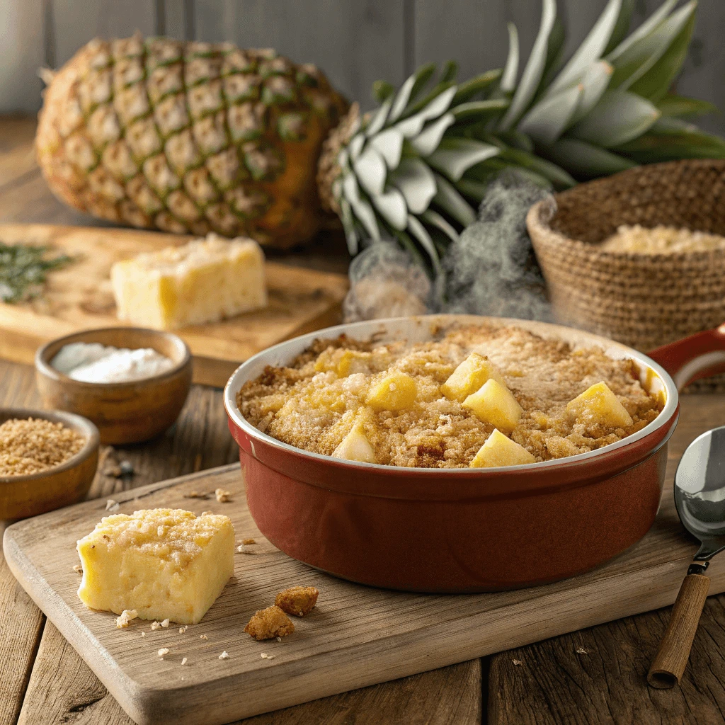 Golden and cheesy pineapple casserole on a serving dish.