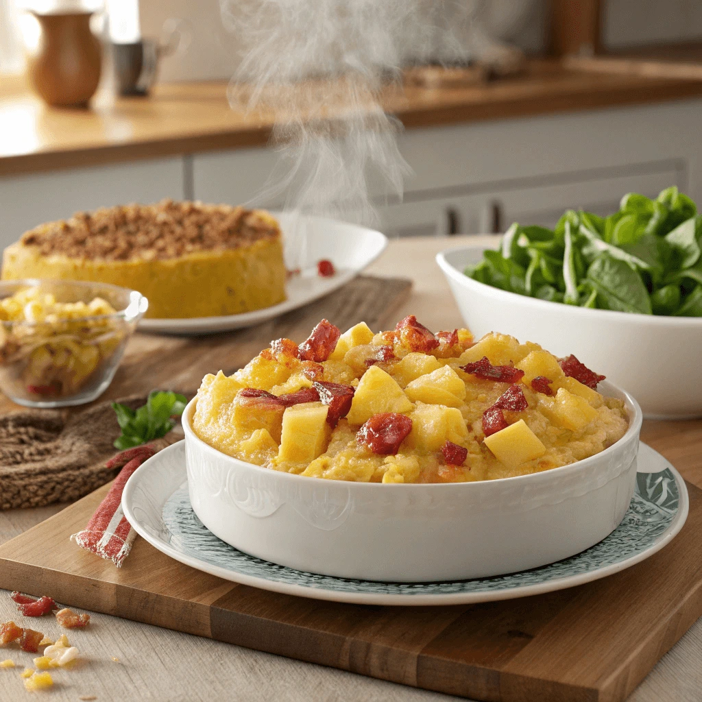 Freshly baked pineapple casserole with a crunchy topping