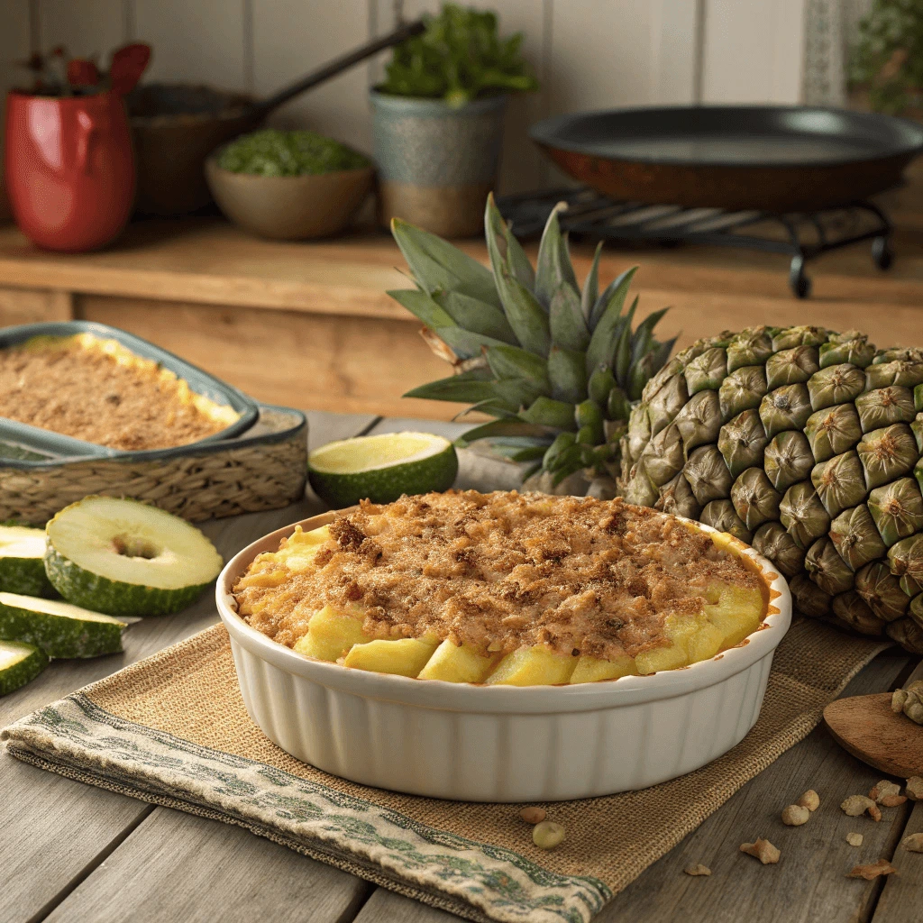 A family-style portion of pineapple casserole on a plate